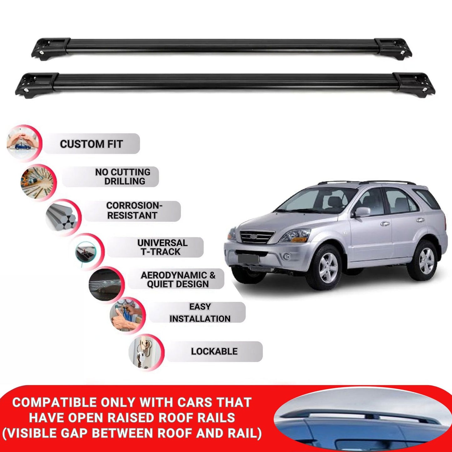 Roof Rack Cross Bars for Kia Sorento 2002-2009 Lockable Roof Bars 2 Pcs Black