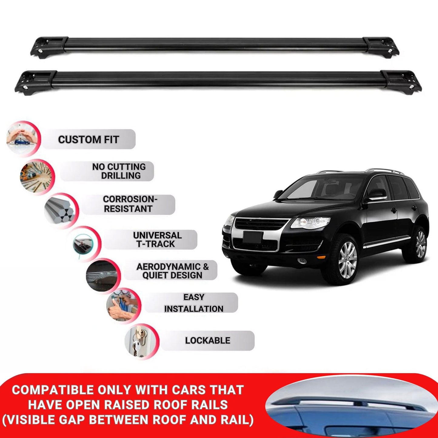 Roof Rack Cross Bars for Vw Touareg 2002-2009 Lockable Roof Bars 2 Pcs Black