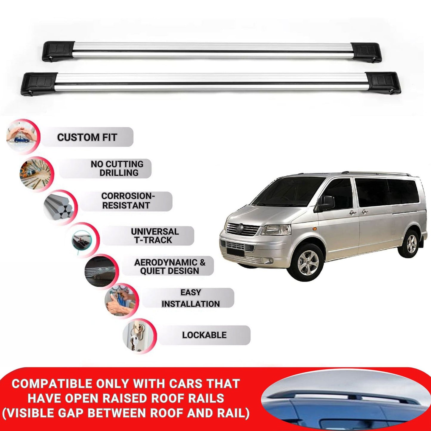 Roof Rack Cross Bars for Vw Multivan (T5) 2003-2009 Lockable Roof Bars 2 Pcs Grey