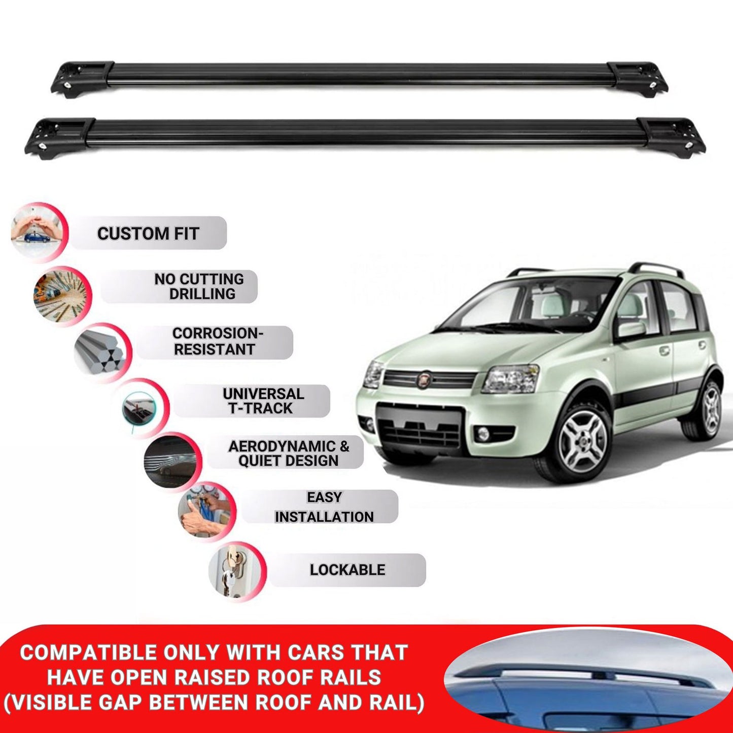 Roof Rack Cross Bars for Fiat Panda HB 2003-2011 Lockable Roof Bars 2 Pcs Black
