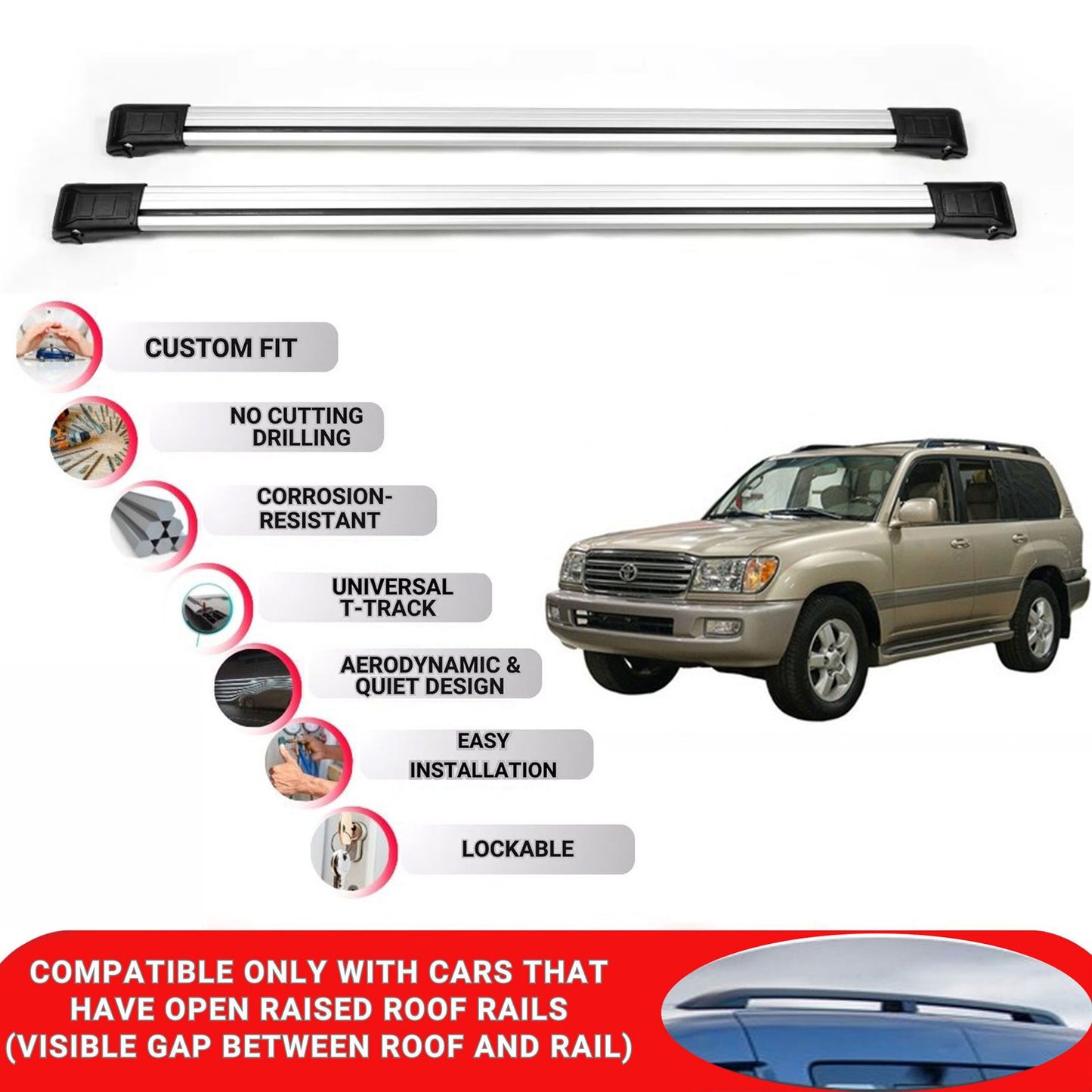 Roof Rack Cross Bars for Toyota Land Cruiser 120 2004-2009 Lockable 2 Pcs Grey