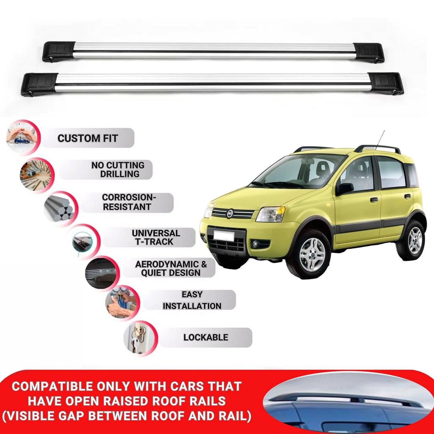 Roof Rack Cross Bars for Fiat Panda 4X4 HB 2004-2011 Lockable Roof Bars 2 Pcs Grey