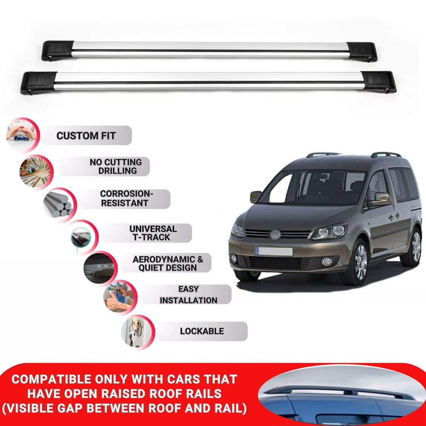 Roof Rack Cross Bars for Vw Caddy 2004-2015 Lockable Roof Bars 2 Pcs Grey