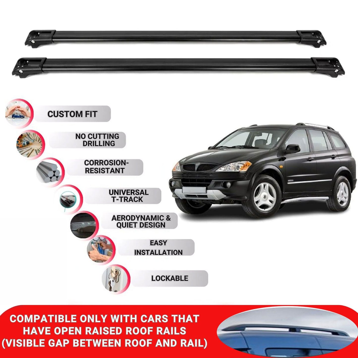 Roof Rack Cross Bars for Ssangyong Kyron 2005-2014 Lockable Bars 2 Pcs Black