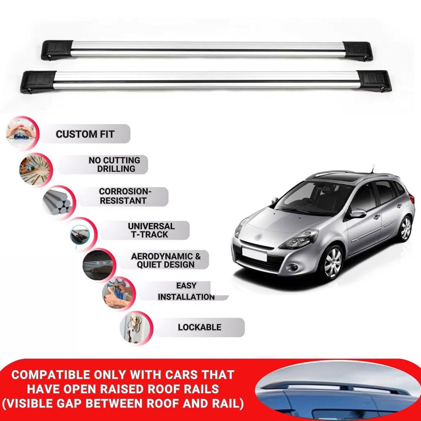 Roof Rack Cross Bars for Renault Clio 3 2006-2012 Lockable Roof Bars 2 Pcs Grey