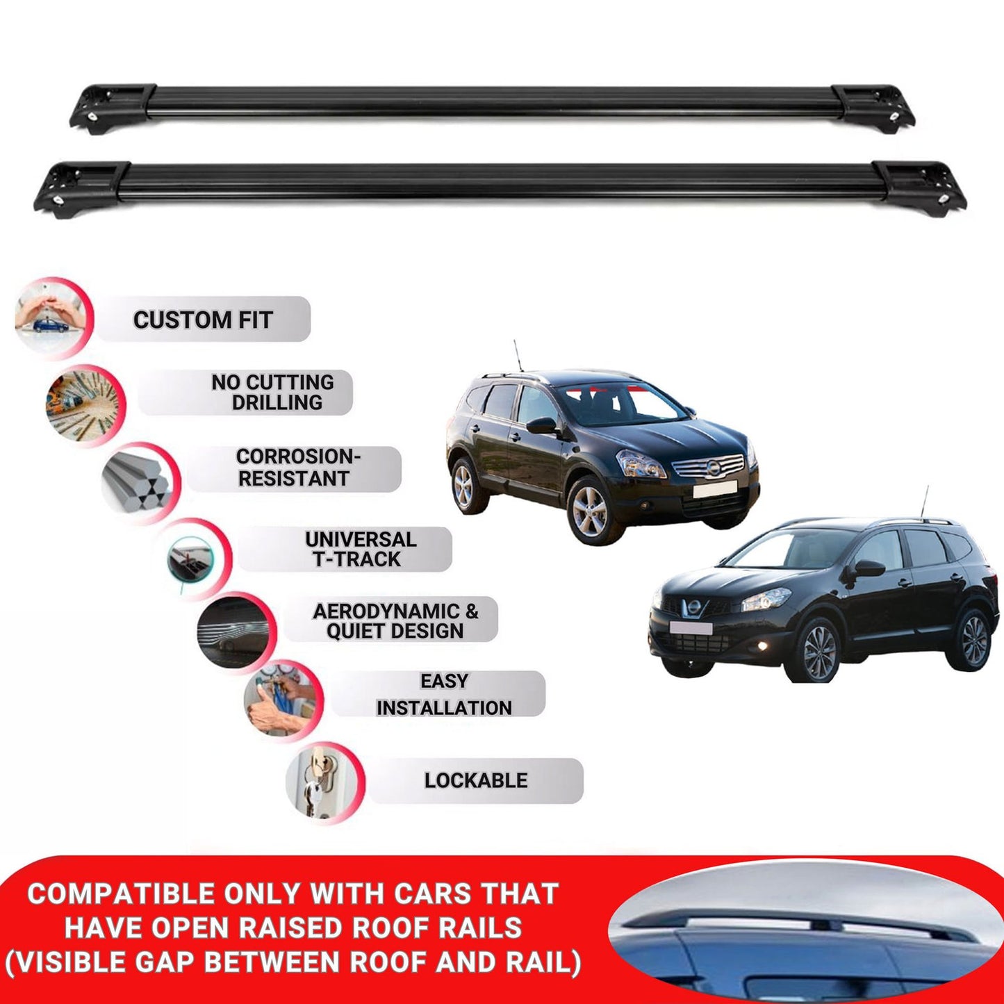 Roof Rack Cross Bars for Nissan Qashqai J10 2007-2013 Lockable Roof Bars 2 Pcs Black