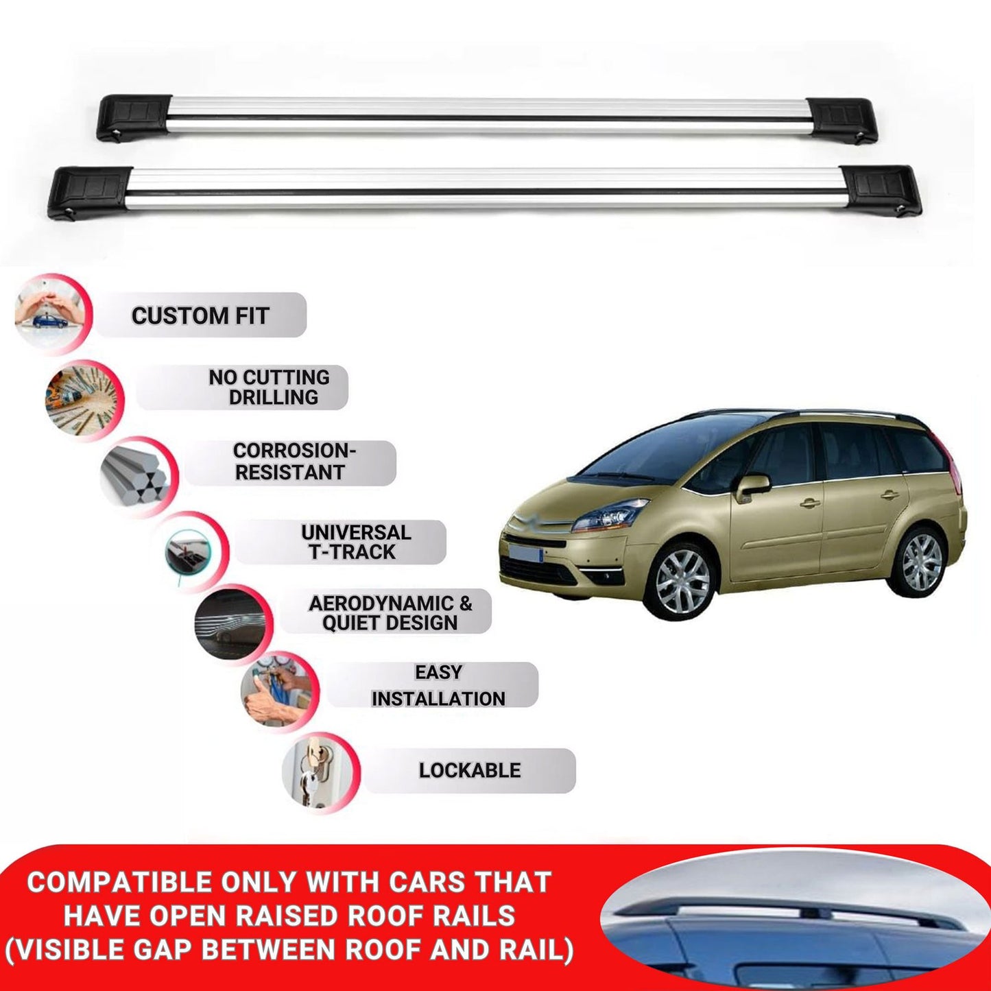 Roof Rack Cross Bars for Citroen C4 Picasso Mpv 2007-2013 Lockable 2 Pcs Grey