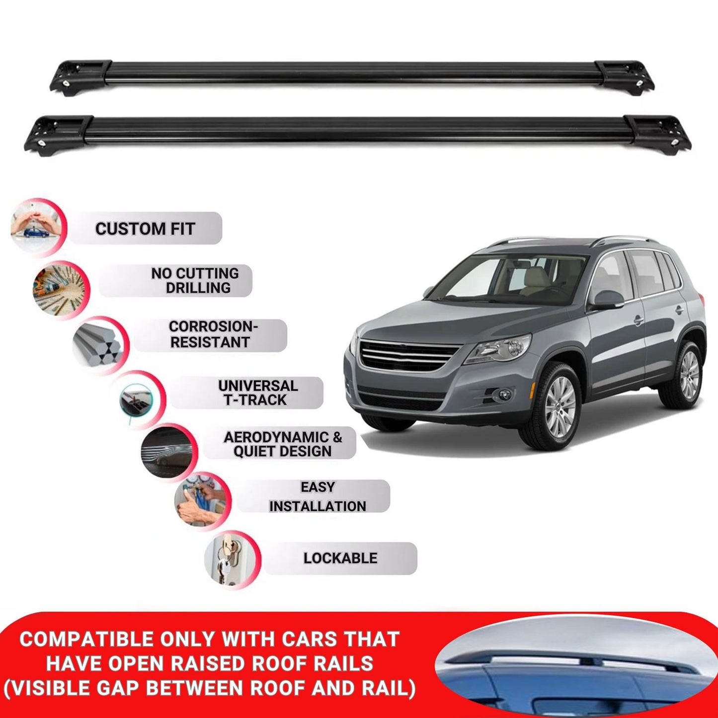 Roof Rack Cross Bars for Vw Tiguan 2007-2016 Lockable Roof Bars 2 Pcs Black