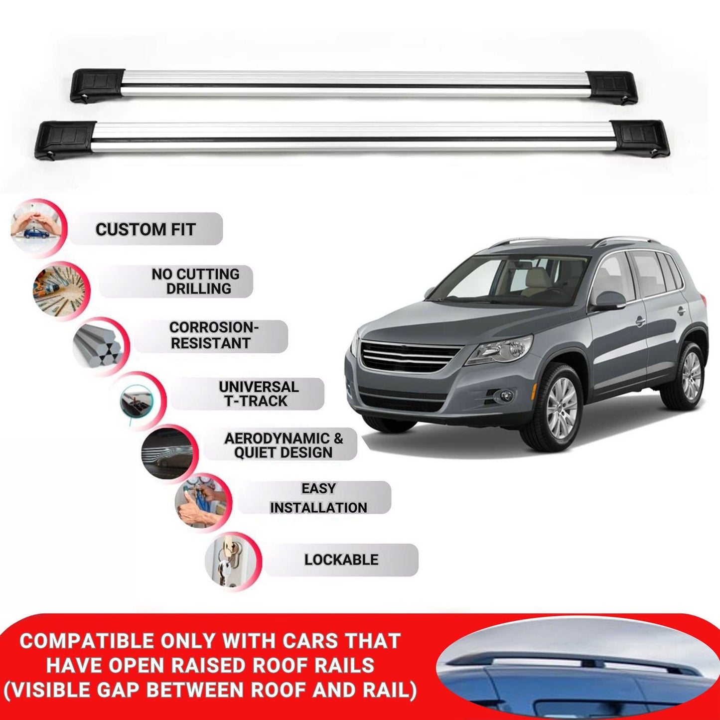 Roof Rack Cross Bars for Vw Tiguan 2007-2016 Lockable Roof Bars 2 Pcs Grey