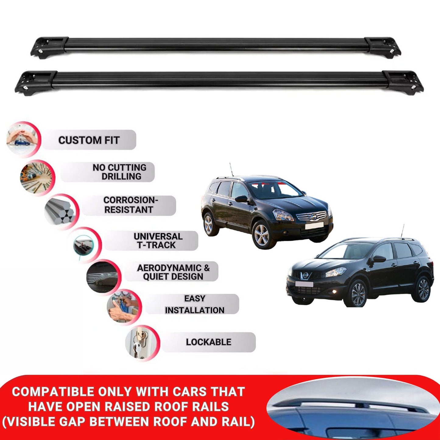 Roof Rack Cross Bars for Nissan Qashqai +2 2008-2014 Lockable Roof Bars 2 Pcs Black