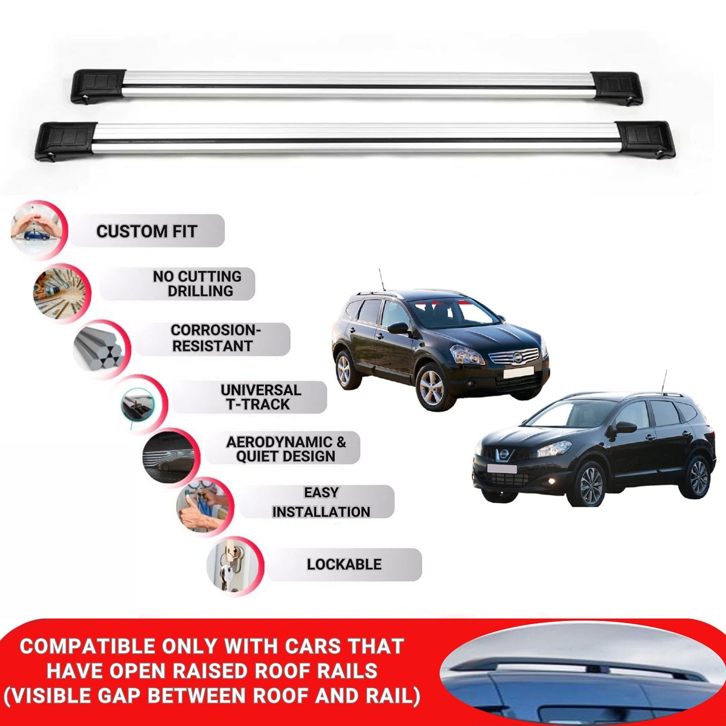 Roof Rack Cross Bars for Nissan Qashqai +2 2008-2014 Lockable Roof Bars 2 Pcs Grey