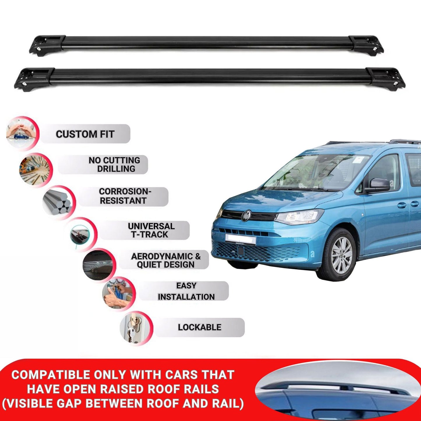 Roof Rack Cross Bars for Vw Caddy Maxi 2008-2015 Lockable Roof Bars 2 Pcs Black
