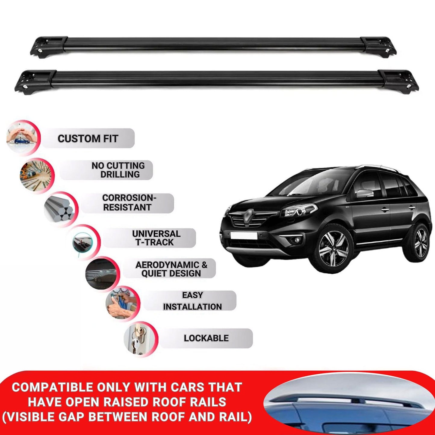 Roof Rack Cross Bars for Renault Koleos 2008-2016 Lockable Roof Bars 2 Pcs Black