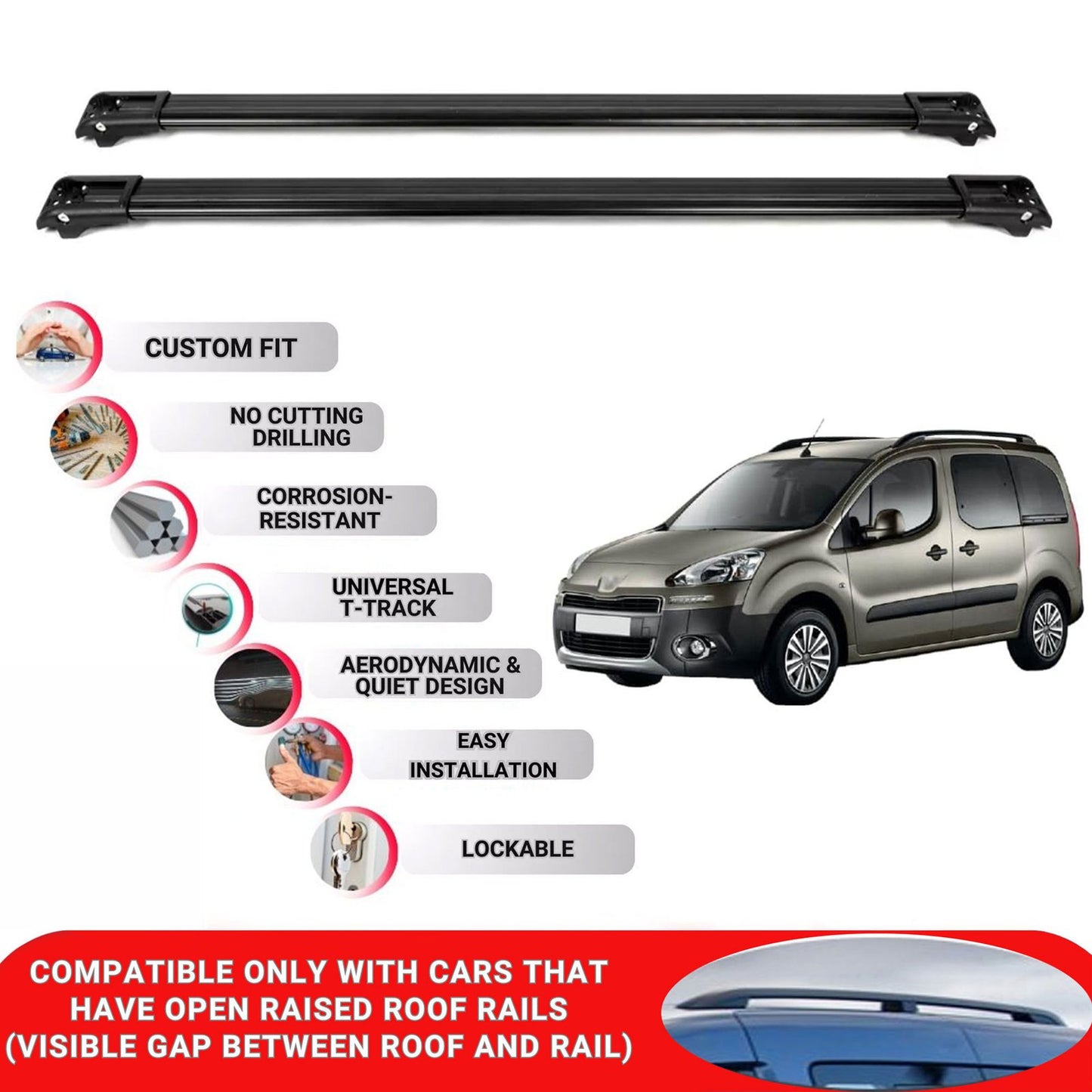 Roof Rack Cross Bars for Peugeot Partner 2008-2018 Lockable Bars 2 Pcs Black