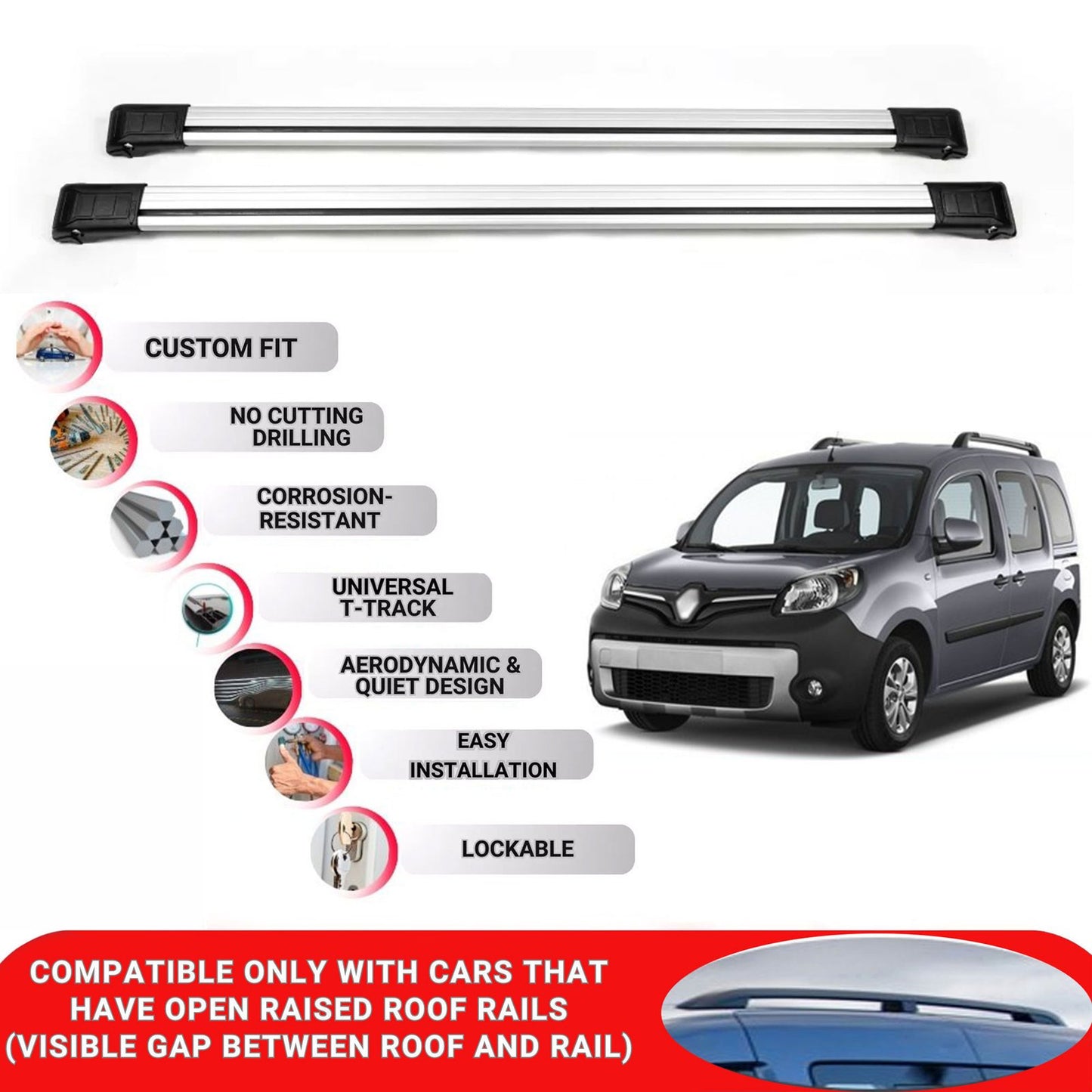 Roof Rack Cross Bars for Renault Kangoo 2008-2021 Lockable Roof Bars 2 Pcs Grey