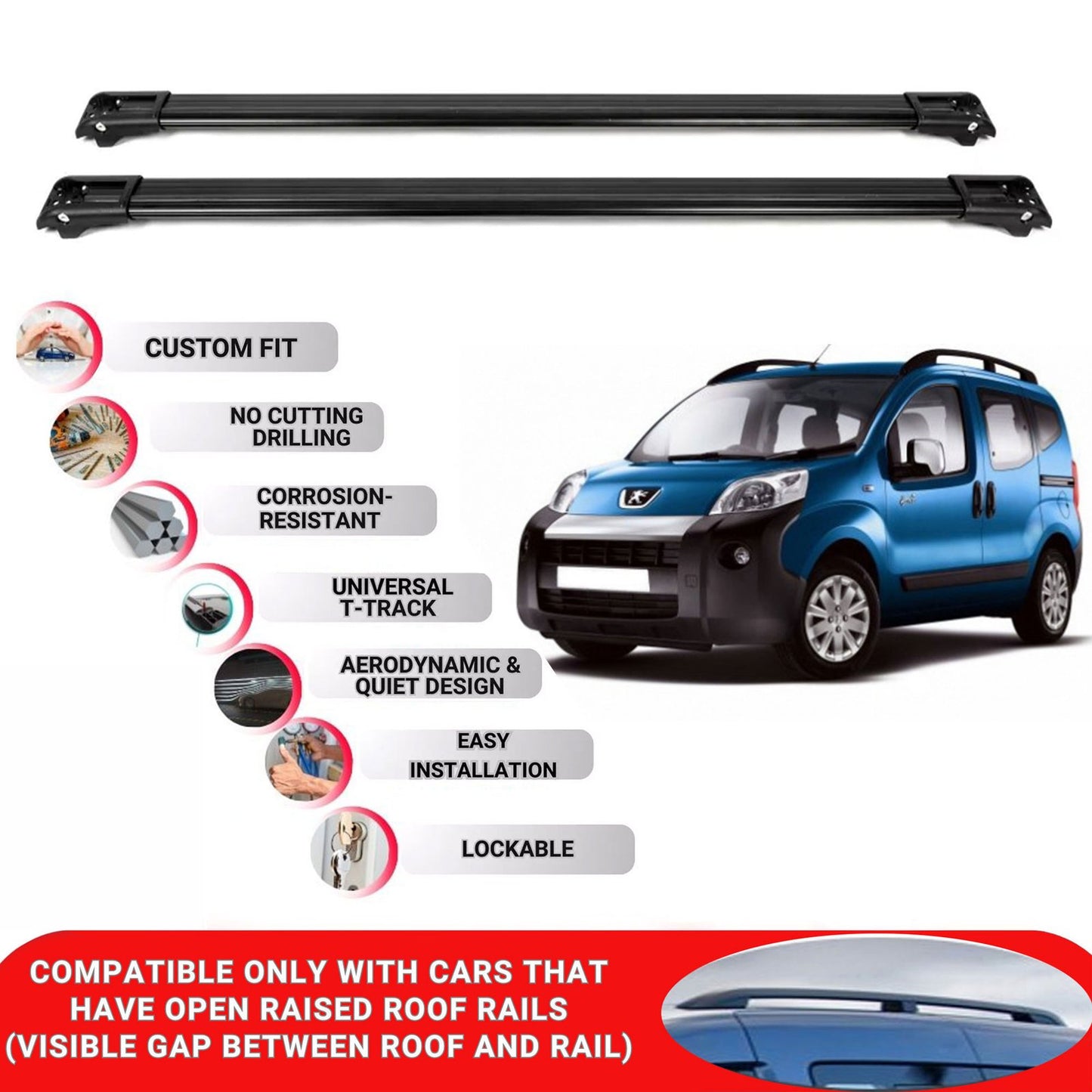 Roof Rack Cross Bars for Peugeot Bipper Tepee 2008+ Lockable Roof Bars 2 Pcs Black