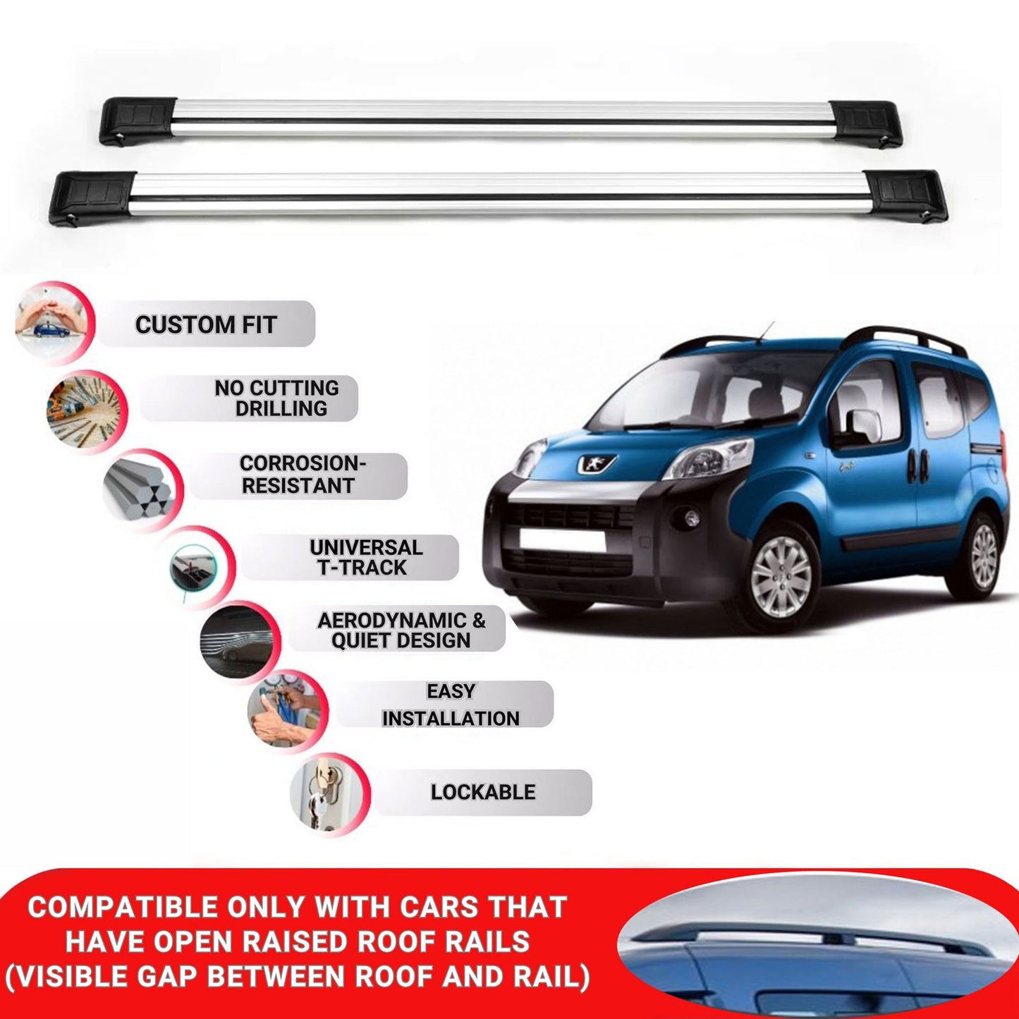 Roof Rack Cross Bars for Peugeot Bipper Tepee 2008+ Lockable Roof Bars 2 Pcs Grey
