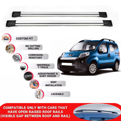 Roof Rack Cross Bars for Peugeot Bipper Tepee 2008+ Lockable Roof Bars 2 Pcs Grey