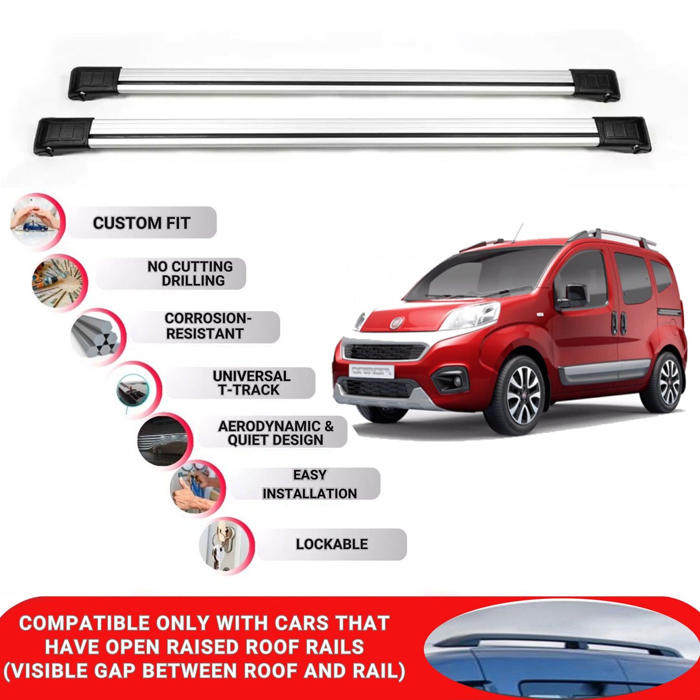 Roof Rack Cross Bars for Fiat Fiorino 2008+ Lockable Roof Bars 2 Pcs Grey