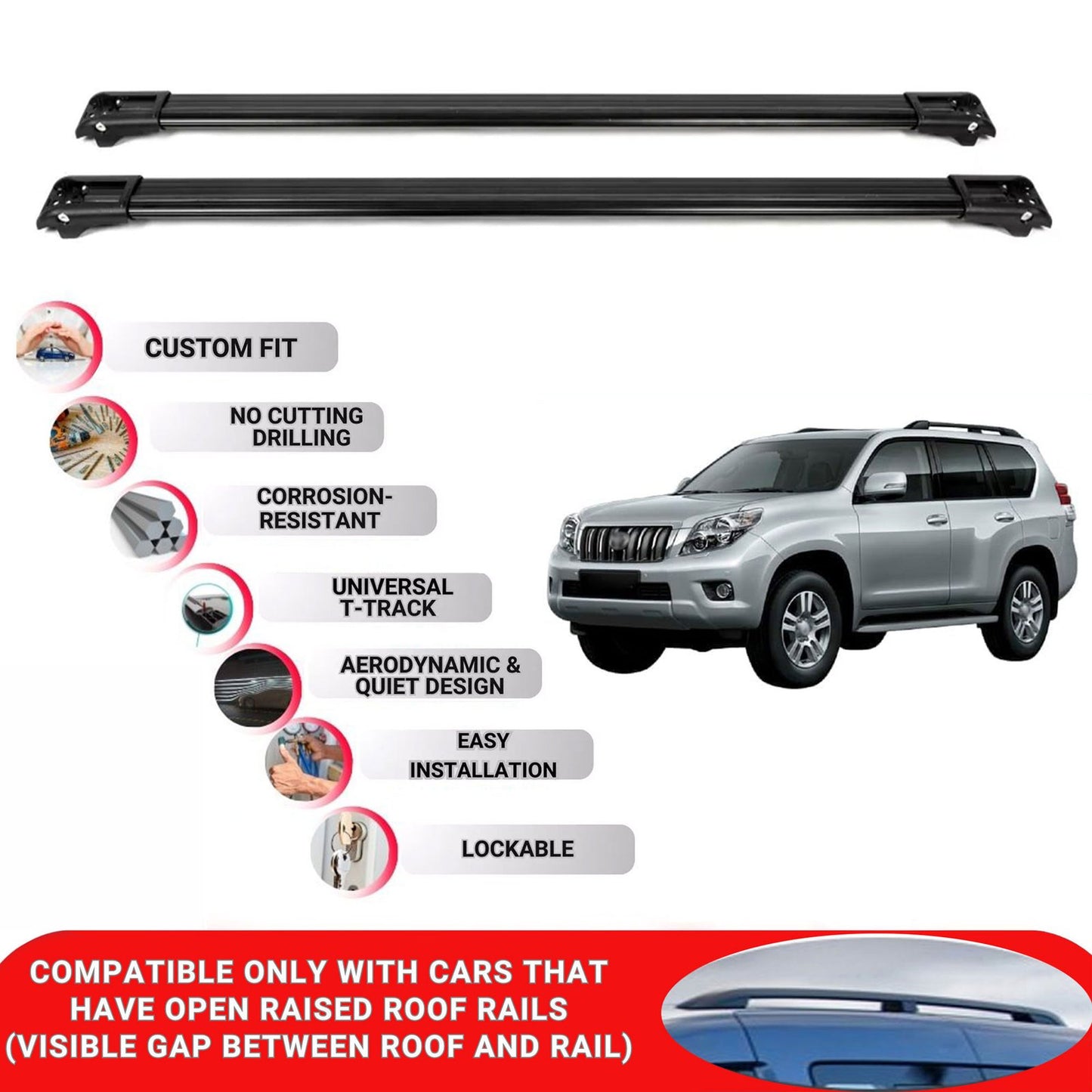 Roof Rack Cross Bars for Toyota Land Cruiser 150 2009-2023 Lockable 2 Pcs Black