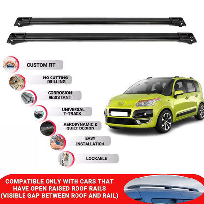 Roof Rack Cross Bars for Citroen C3 Picasso Mpv 2009+ Lockable Roof Bars 2 Pcs Black