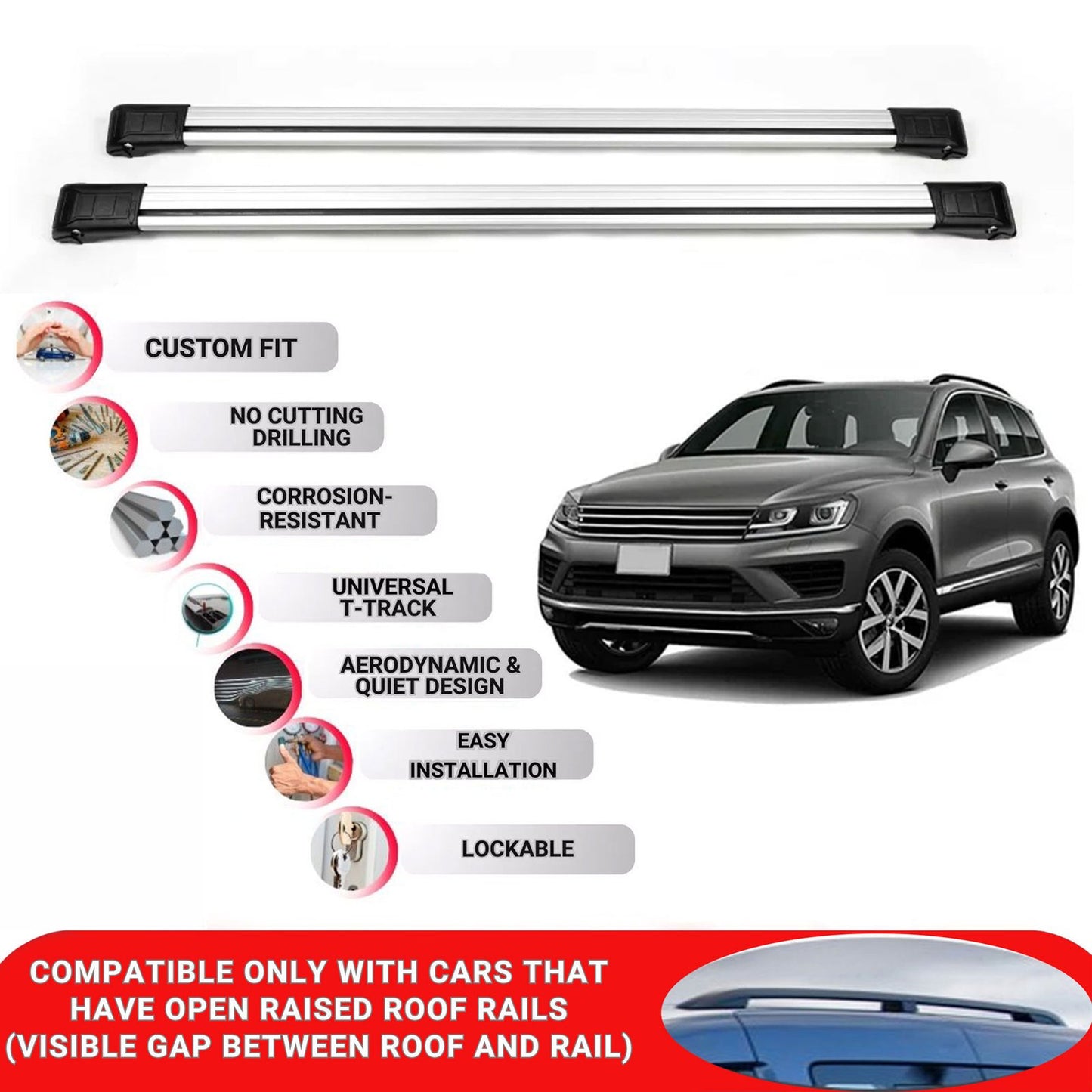 Roof Rack Cross Bars for Vw Touareg 2010-2018 Lockable Roof Bars 2 Pcs Grey