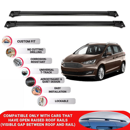 Roof Rack Cross Bars for Ford Grand C-Max 2010-2019 Lockable Roof Bars 2 Pcs Black
