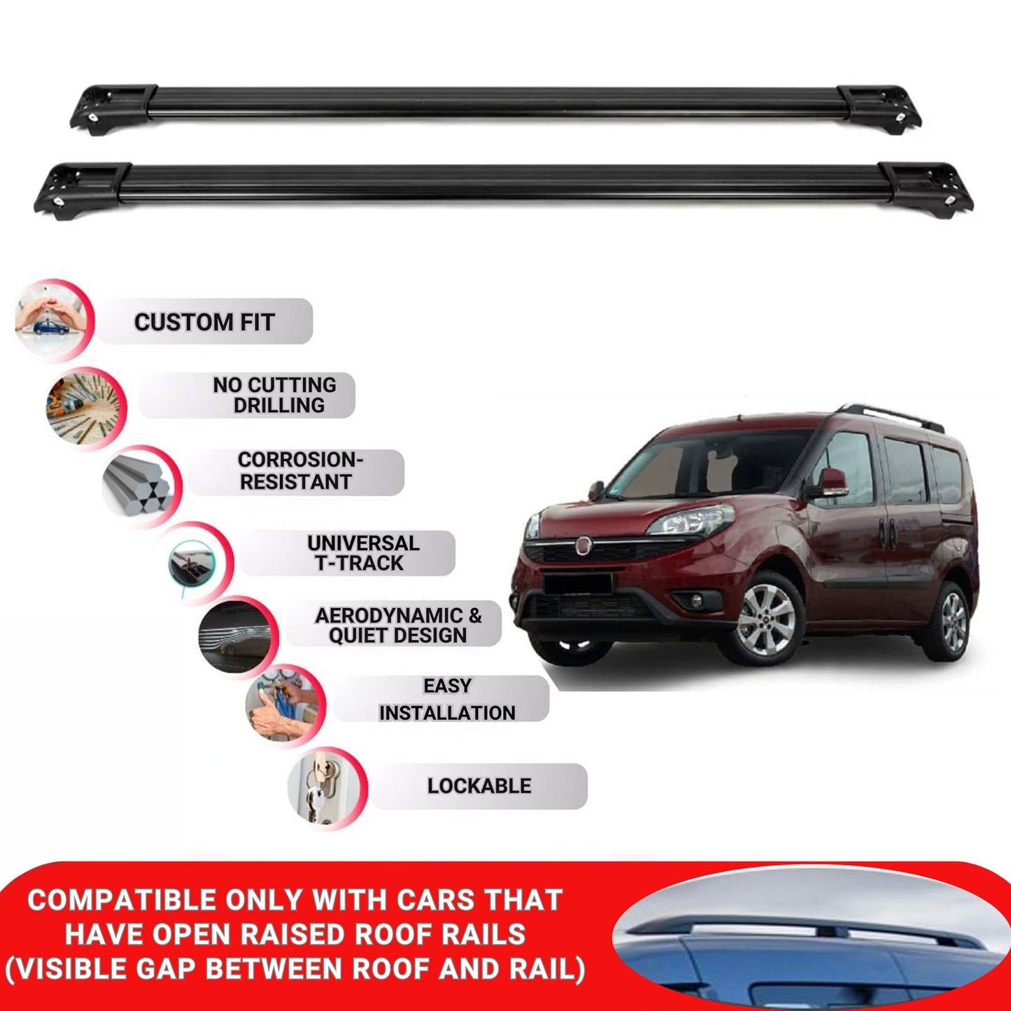Roof Rack Cross Bars for Fiat Doblo 2010-2022 Lockable Roof Bars 2 Pcs Black