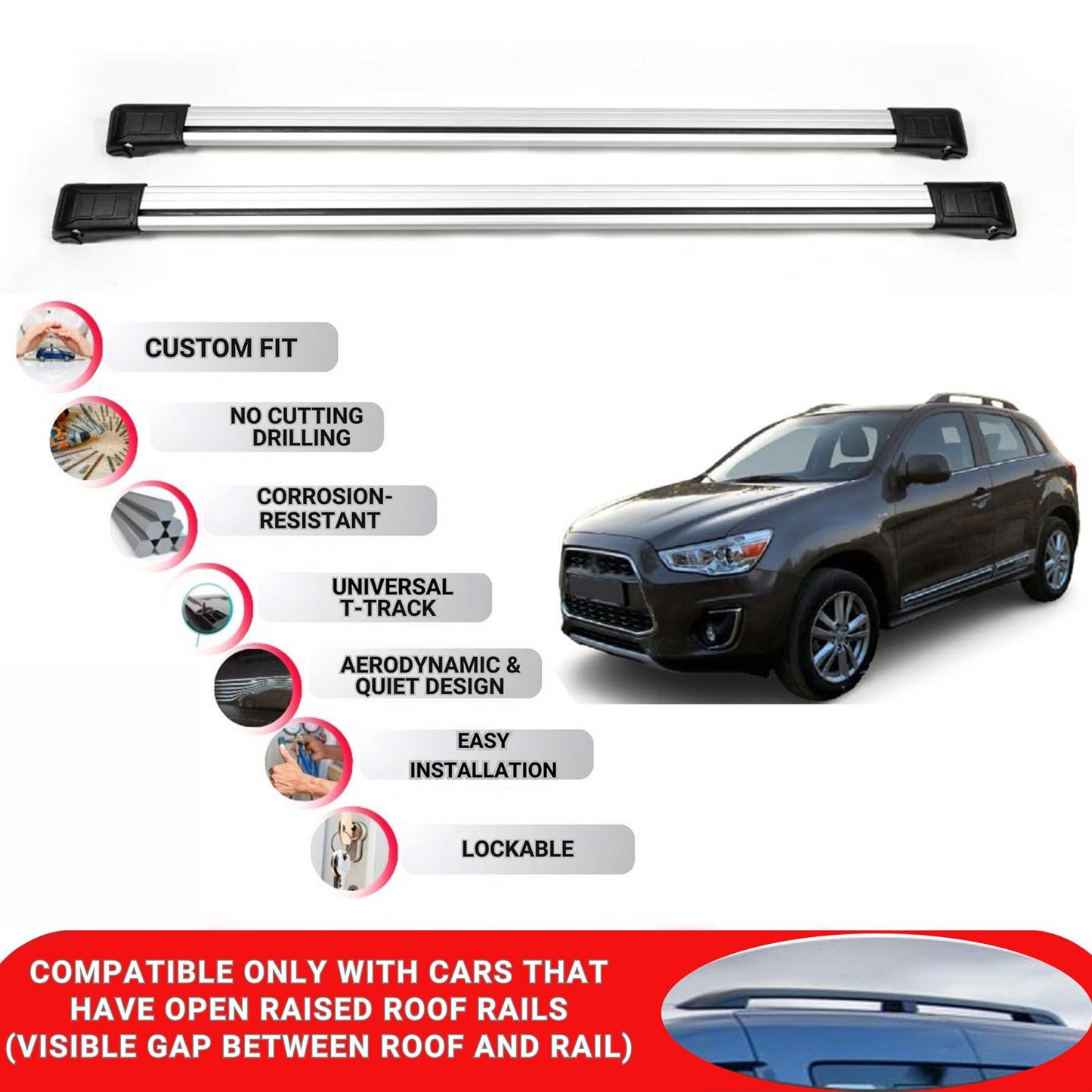 Roof Rack Cross Bars for Mitsubishi Asx 2010-2022 Lockable Roof Bars 2 Pcs Grey