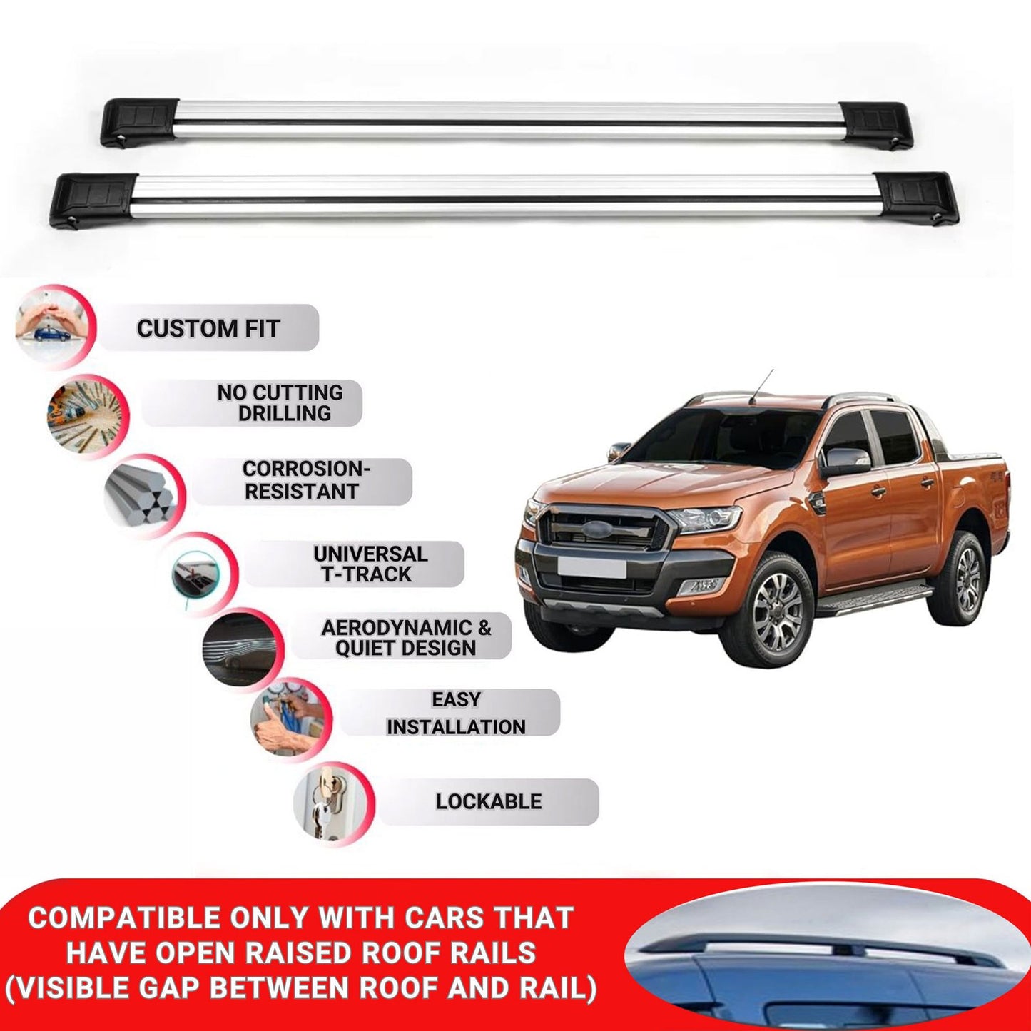 Roof Rack Cross Bars for Ford Ranger Super Cab 2011-2022 Lockable 2 Pcs Grey
