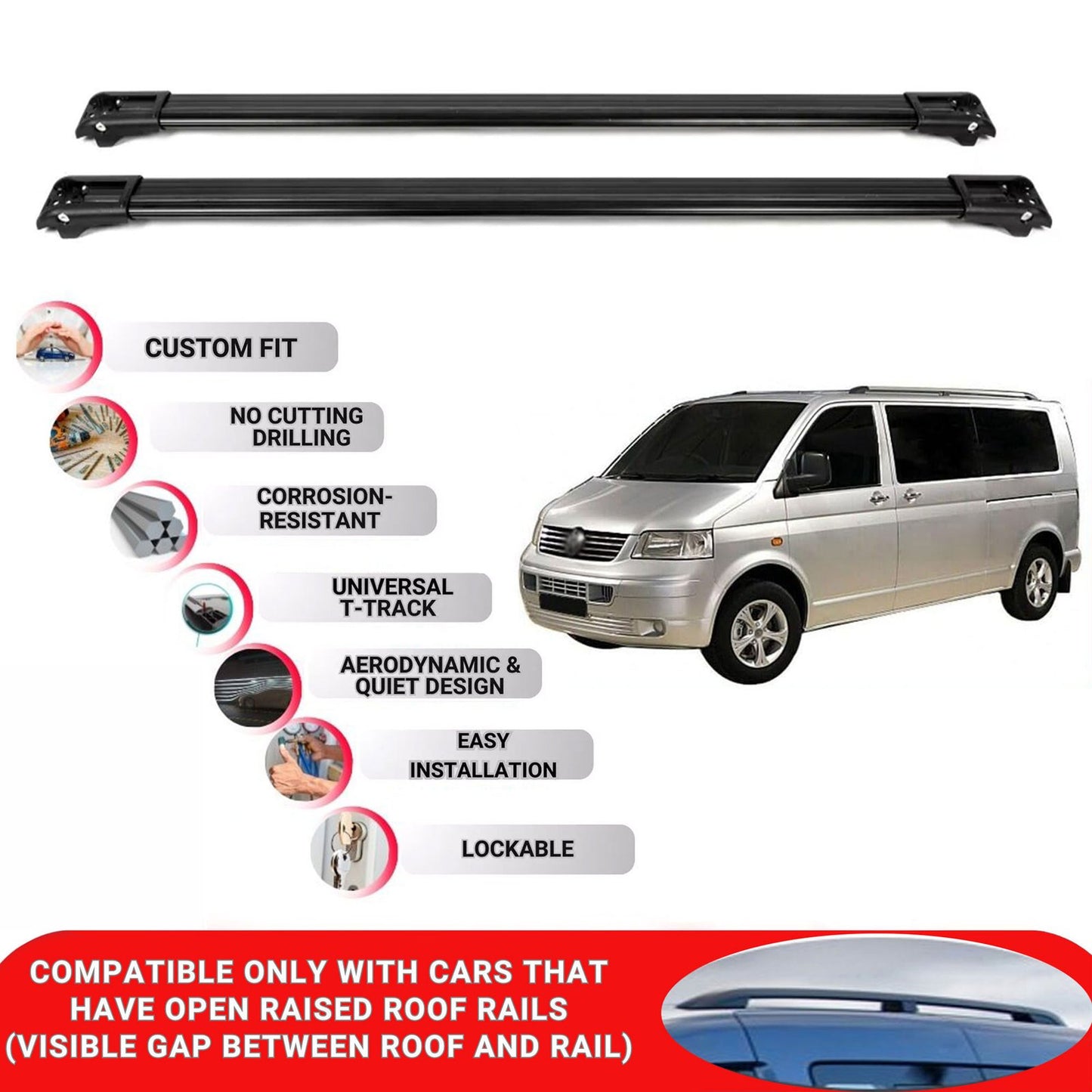 Roof Rack Cross Bars for Vw Transporter(T5) 2003-2015 Lockable Roof Bars 2 Pcs Black