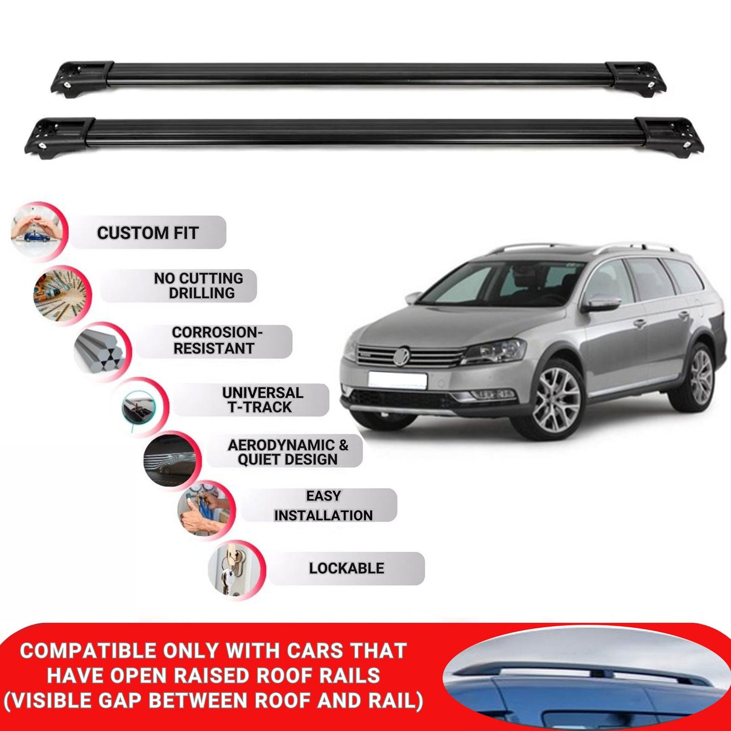 Roof Rack Cross Bars for Vw Passat Alltrack 2012-2015 Lockable Roof Bars 2 Pcs Black
