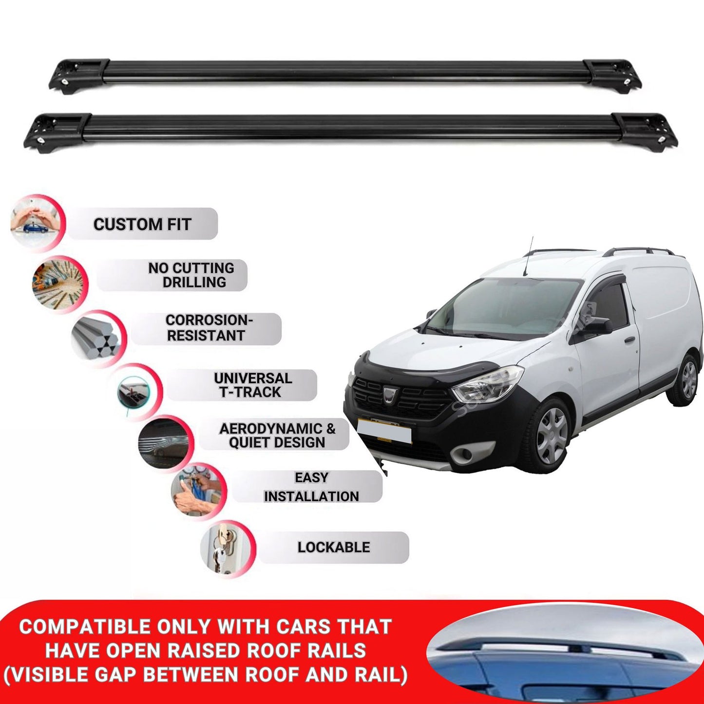 Roof Rack Cross Bars for Dacia Dokker 2012+ Lockable Roof Bars 2 Pcs Black