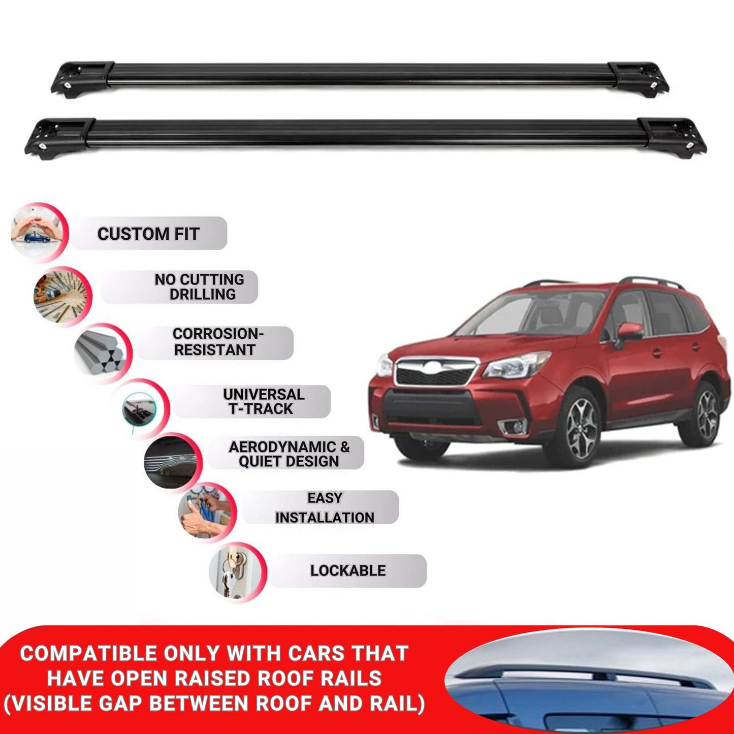 Roof Rack Cross Bars for Subaru Forester 2013-2024 Lockable Bars 2 Pcs Black