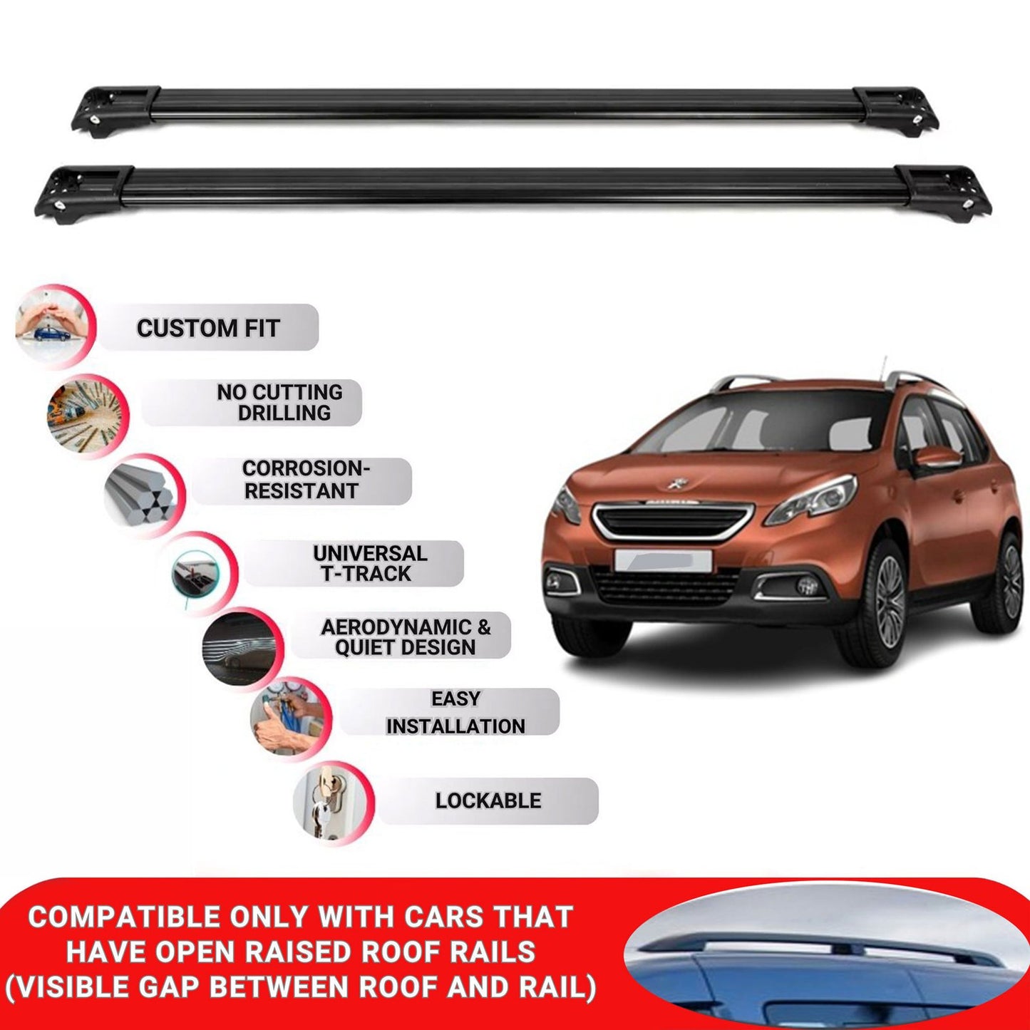 Roof Rack Cross Bars for Peugeot 2008 2013-2019 Lockable Roof Bars 2 Pcs Black
