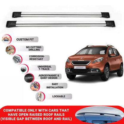 Roof Rack Cross Bars for Peugeot 2008 2013-2019 Lockable Roof Bars 2 Pcs Grey