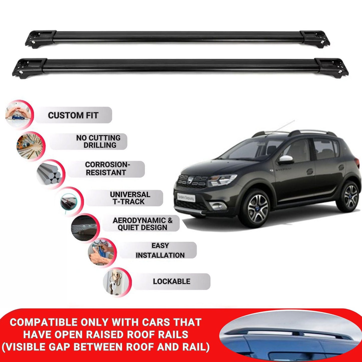 Roof Rack Cross Bars for Dacia Sandero Stepway 2013-2020 Lockable 2 Pcs Black