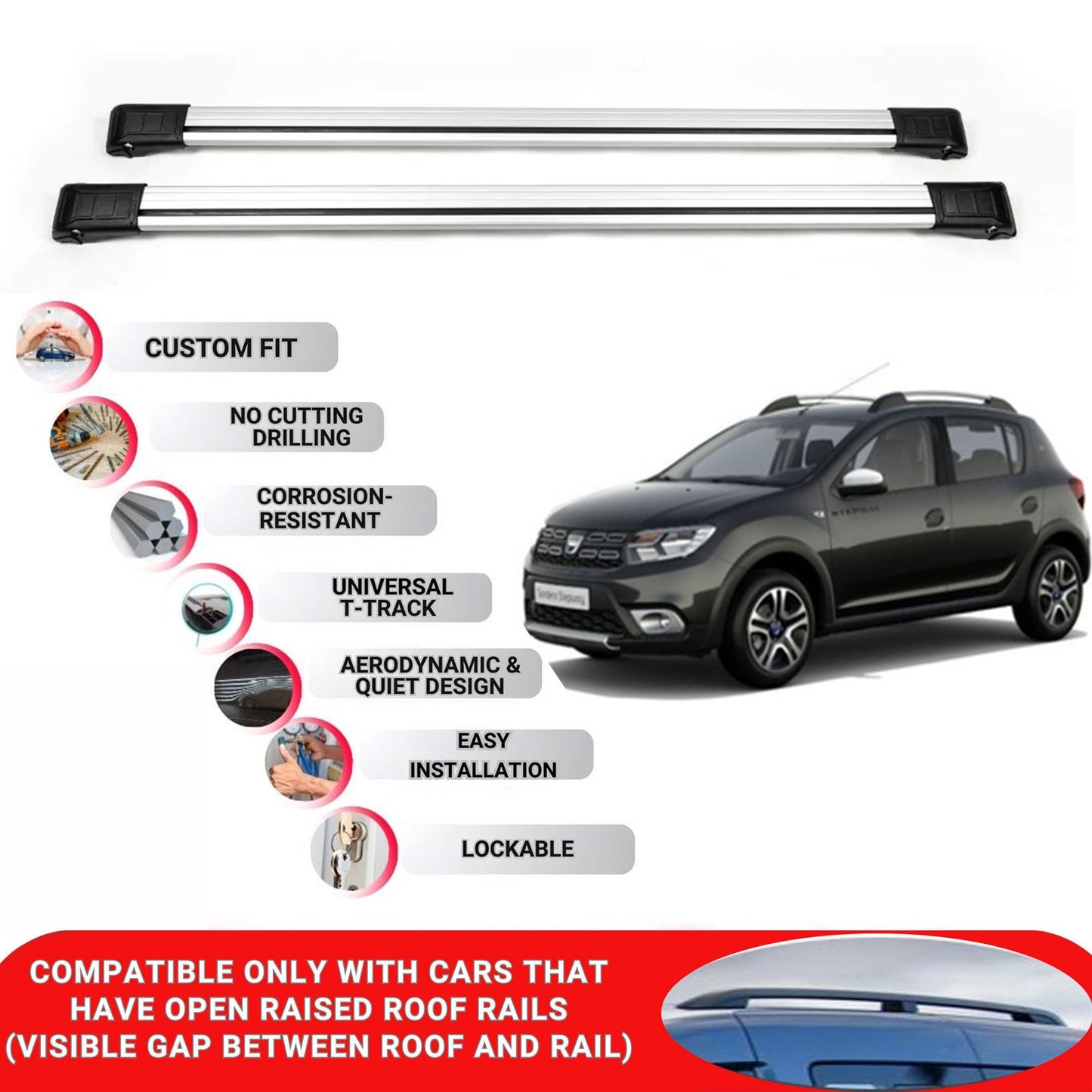 Roof Rack Cross Bars for Dacia Sandero Stepway 2013-2020 Lockable 2 Pcs Grey