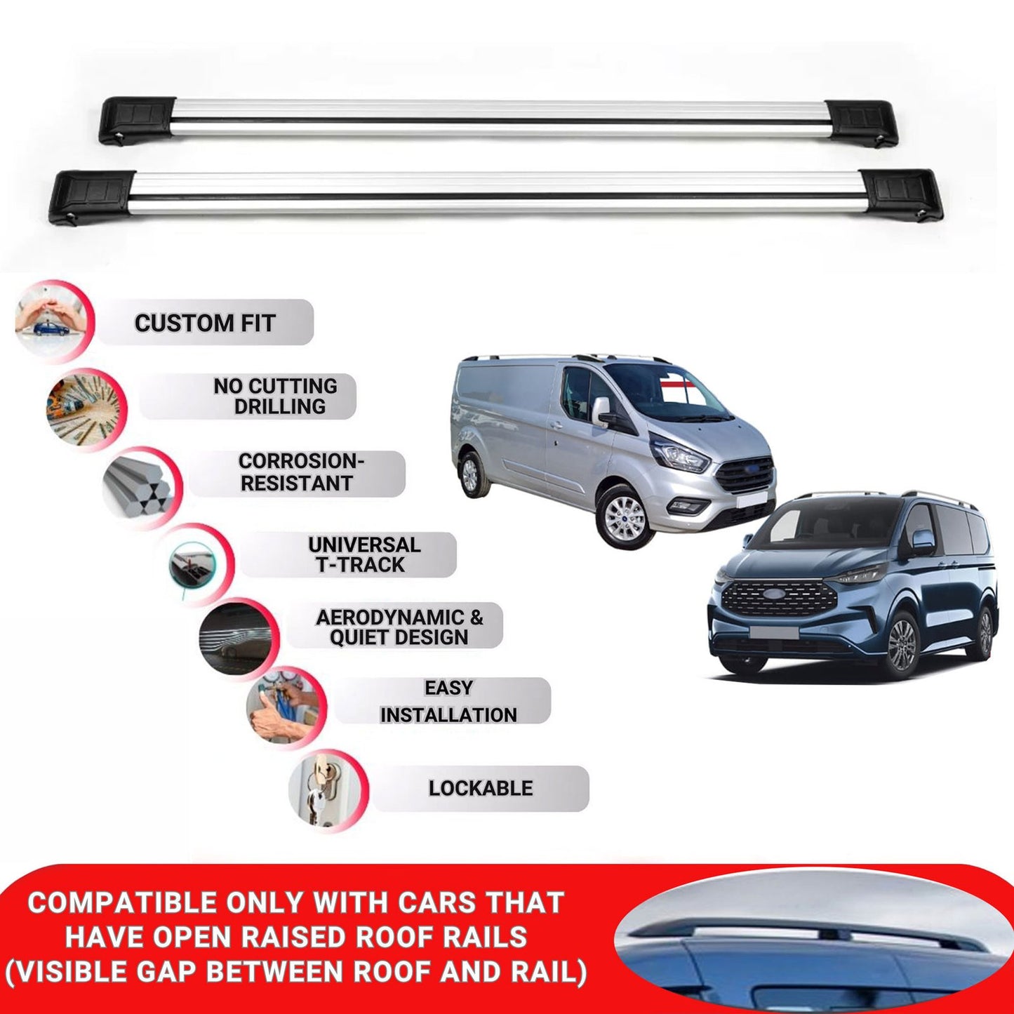 Roof Rack Cross Bars for Ford Transit Custom 2013-2024 Lockable Bars 2 Pcs Grey
