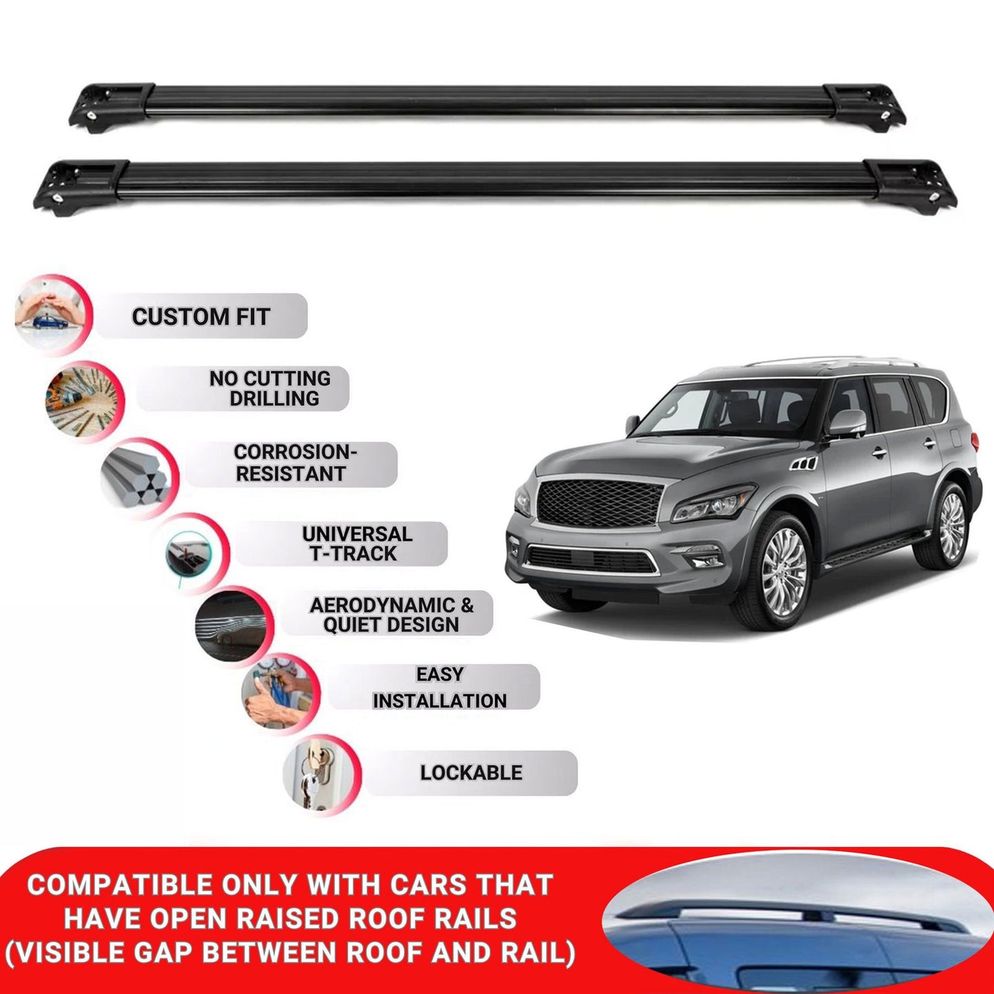 Roof Rack Cross Bars for Infiniti Qx80 2013-2017 Lockable Roof Bars 2 Pcs Black