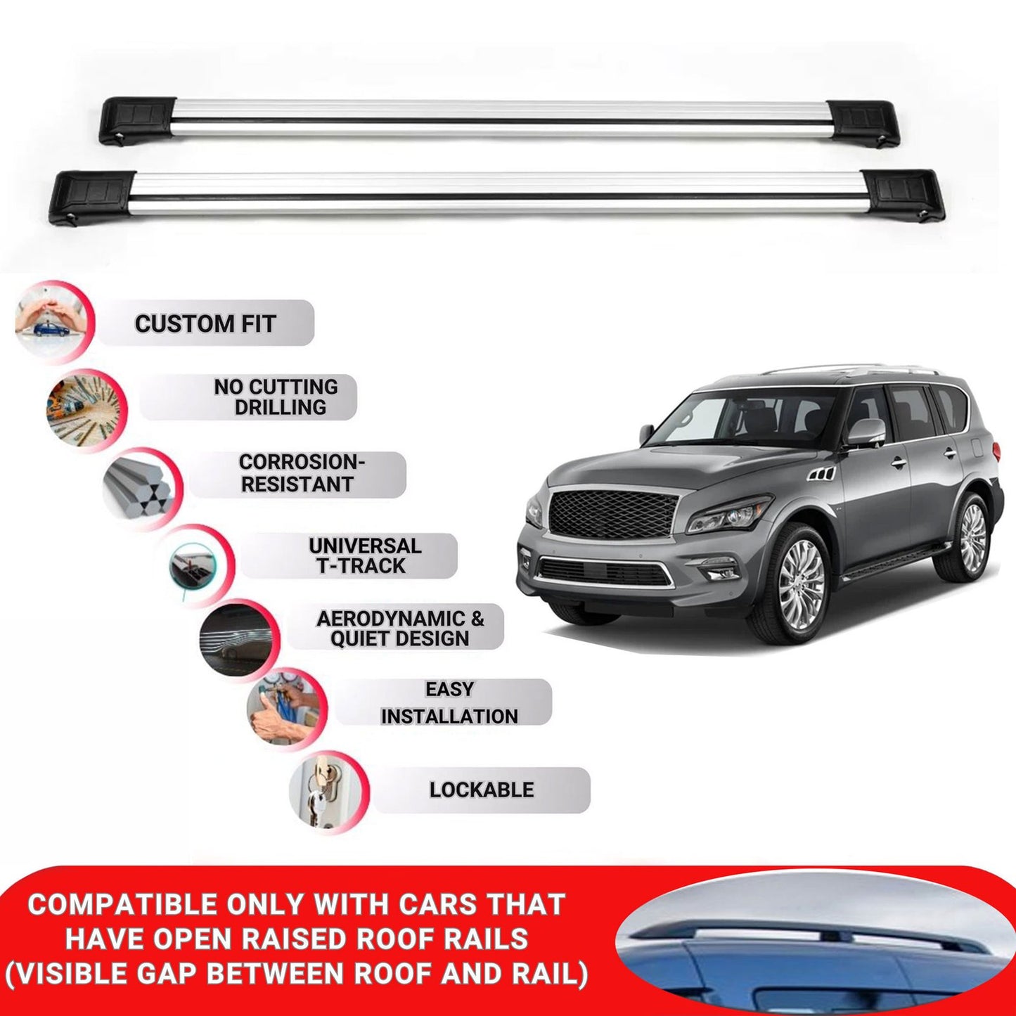 Roof Rack Cross Bars for Infiniti Qx80 2013-2017 Lockable Roof Bars 2 Pcs Grey
