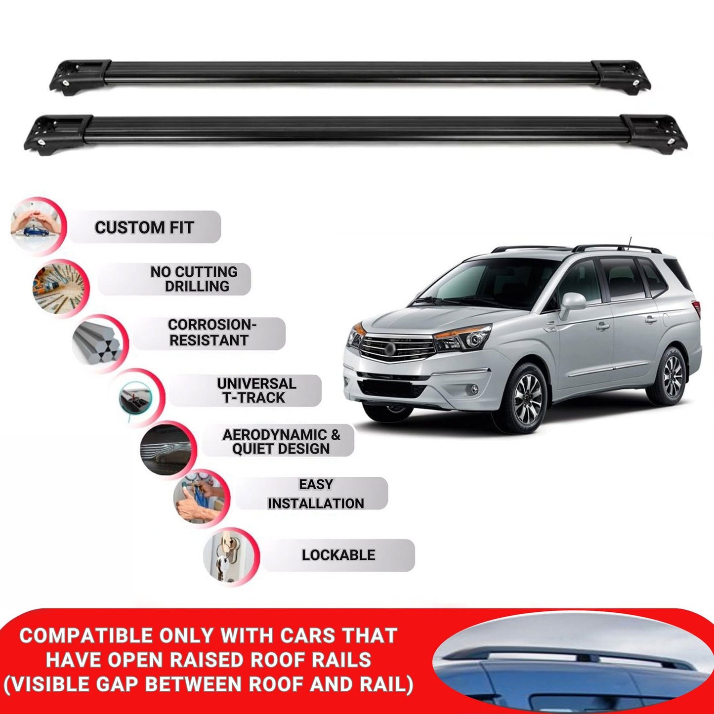 Roof Rack Cross Bars for Ssangyong Rodius 2013-2018 Lockable Roof Bars 2 Pcs Black