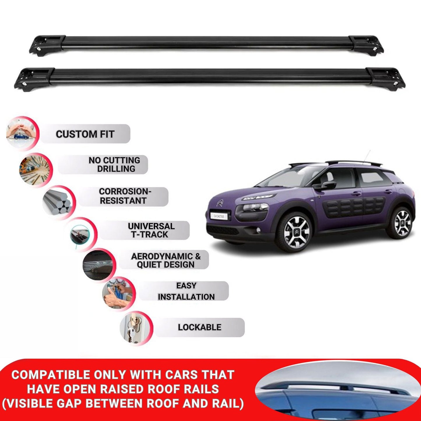Roof Rack Cross Bars for Citroen C4 Cactus HB 2014-2018 Lockable Bars 2 Pcs Black