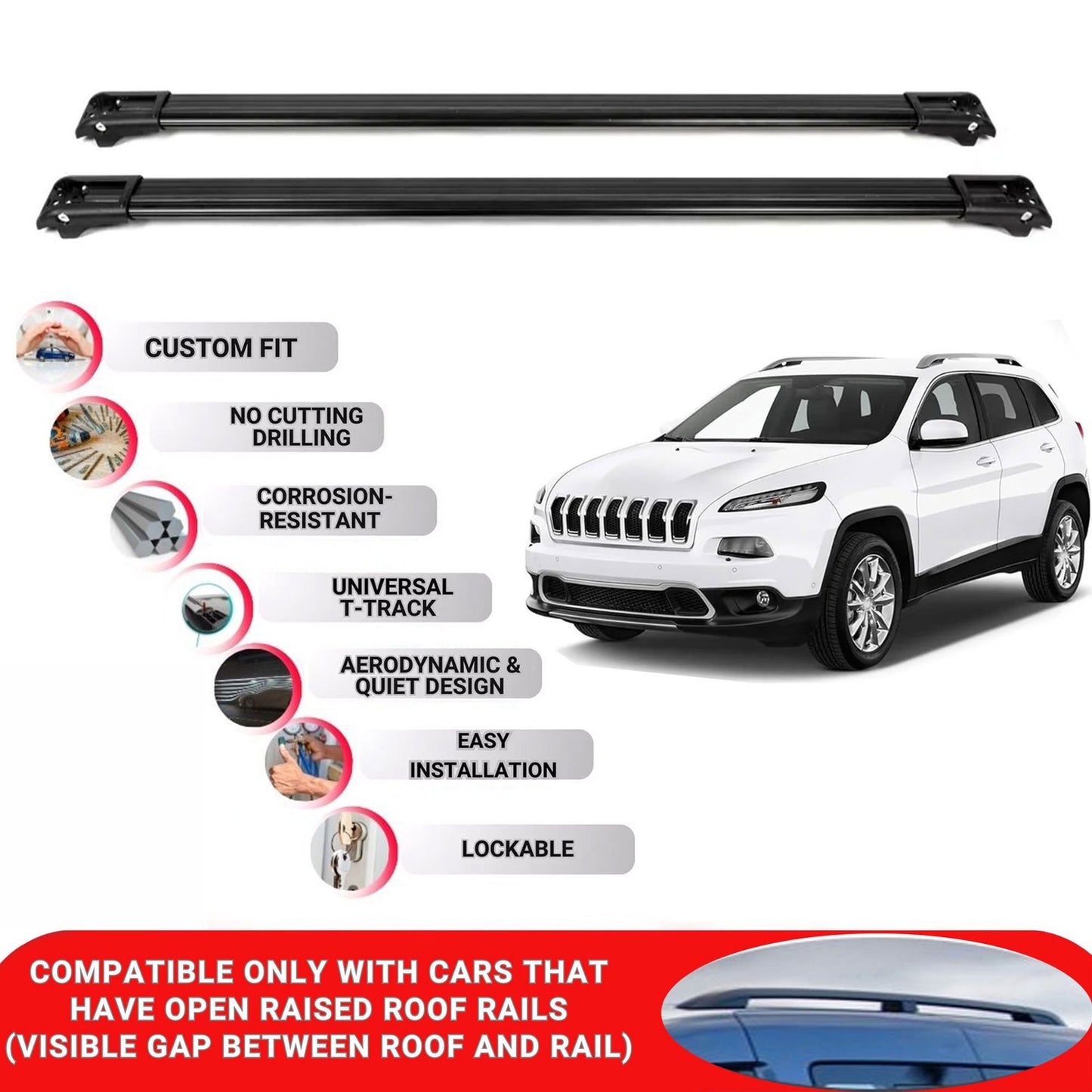 Roof Rack Cross Bars for Jeep Cherokee 2014-2018 Lockable Roof Bars 2 Pcs Black