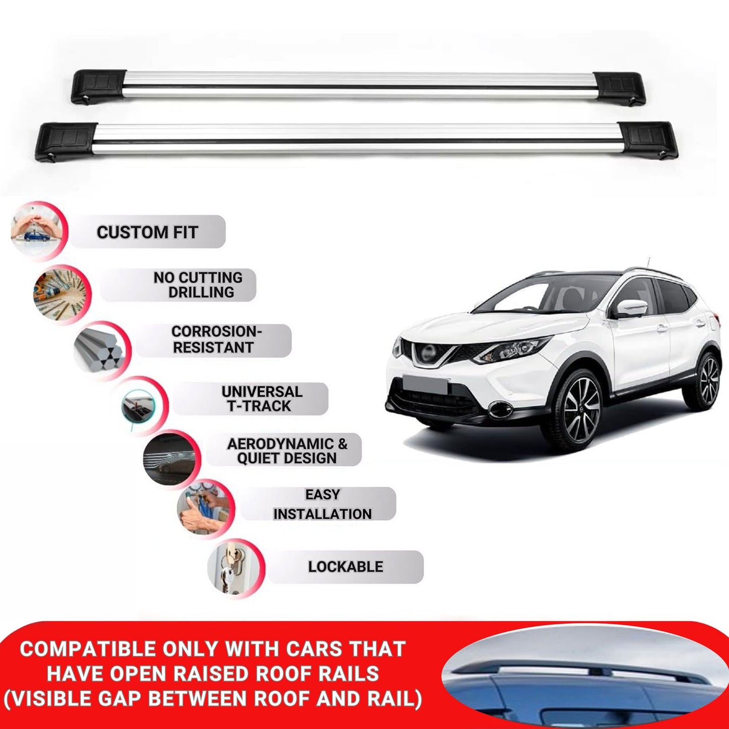Roof Rack Cross Bars for Nissan Qashqai J11 2014-2021 Lockable Roof Bars 2 Pcs Grey