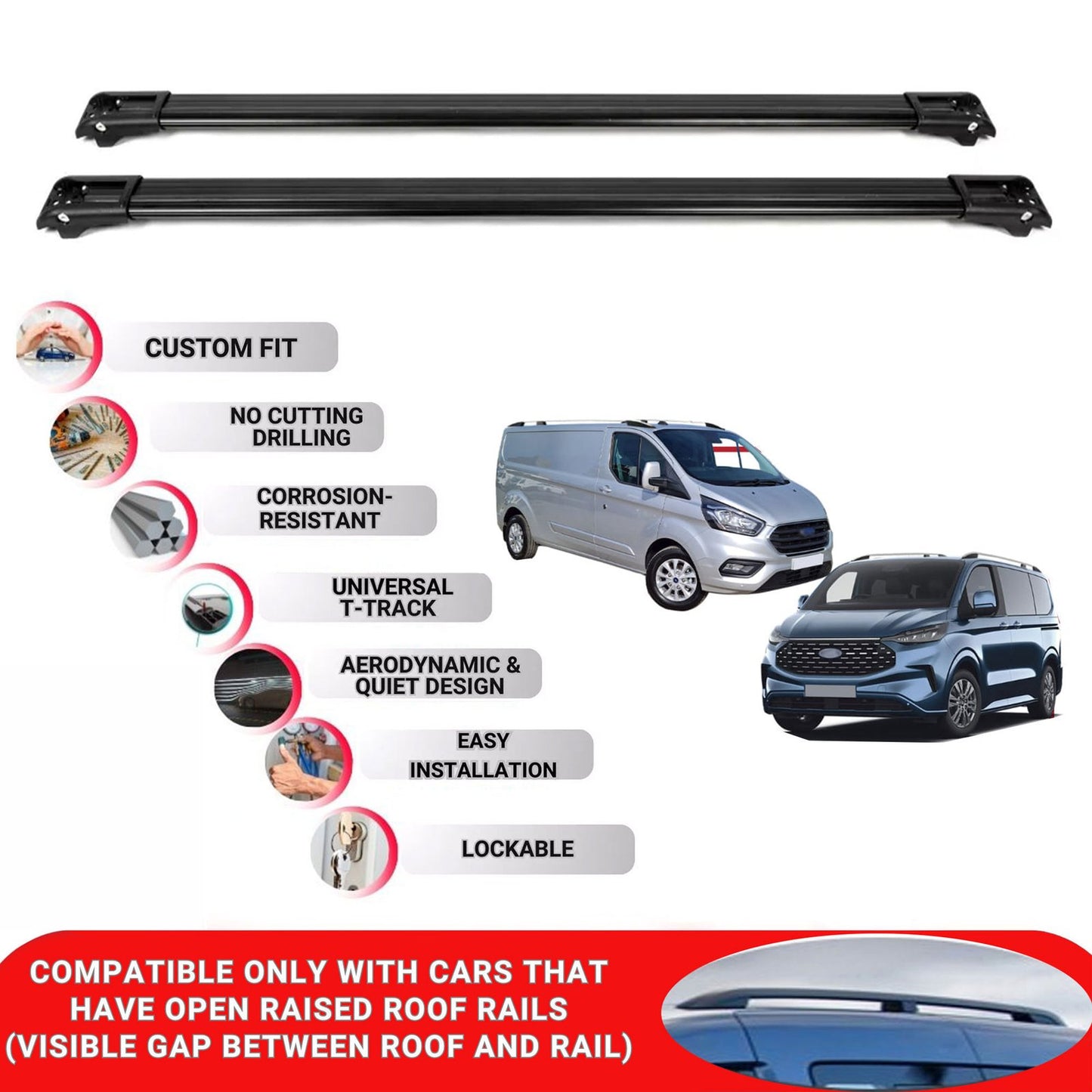 Roof Rack Cross Bars for Ford Tourneo Custom 2013-2024 Lockable Bars 2 Pcs Black