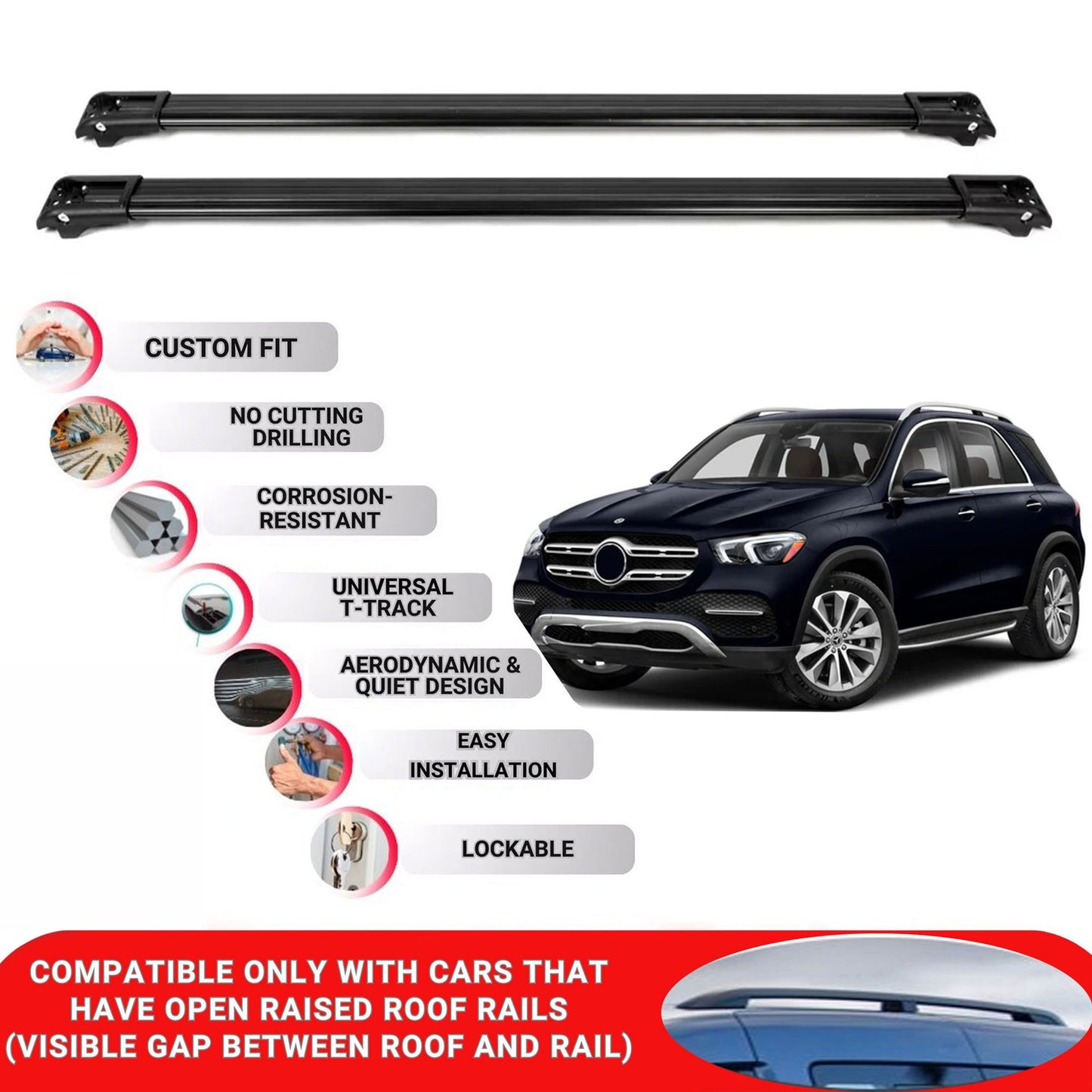 Roof Rack Cross Bars for Mercedes Gle W166 2015-2019 Lockable Roof Bars 2 Pcs Black