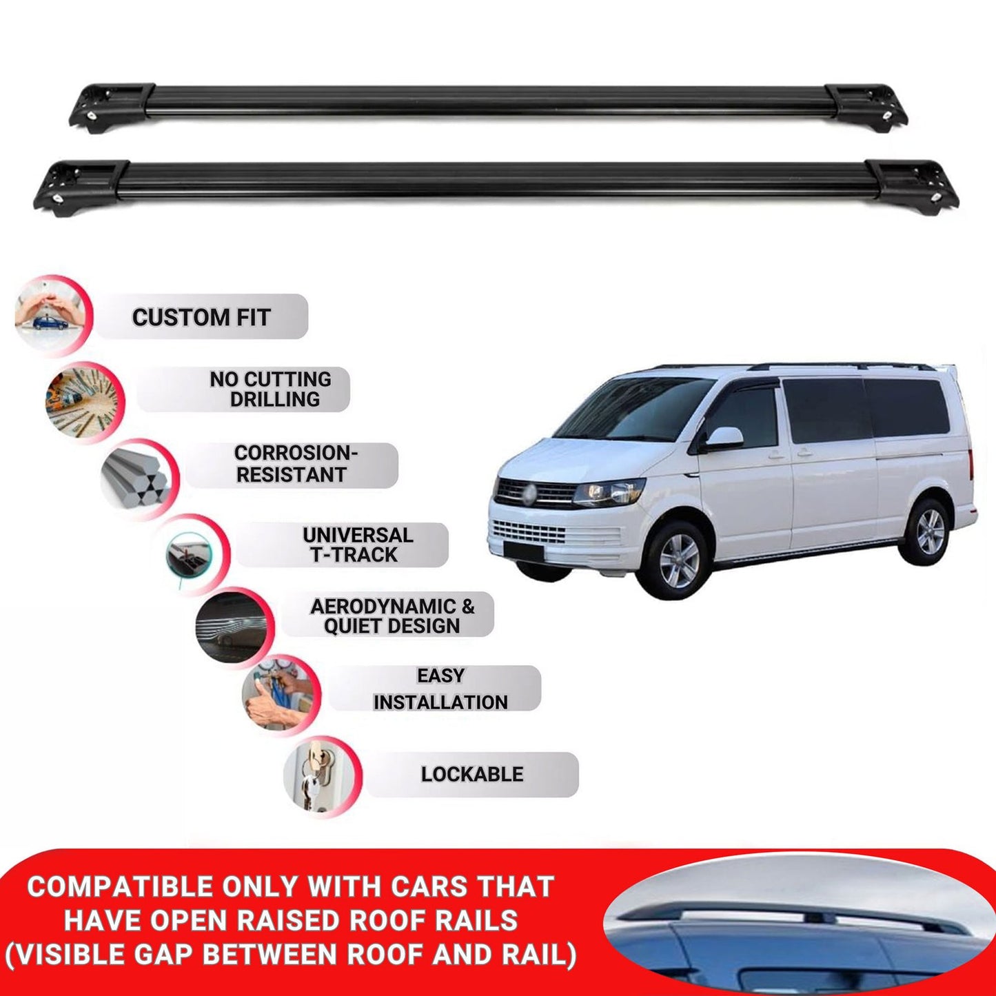 Roof Rack Cross Bars for Vw Multivan T6 2015-2024 Lockable Roof Bars 2 Pcs Black
