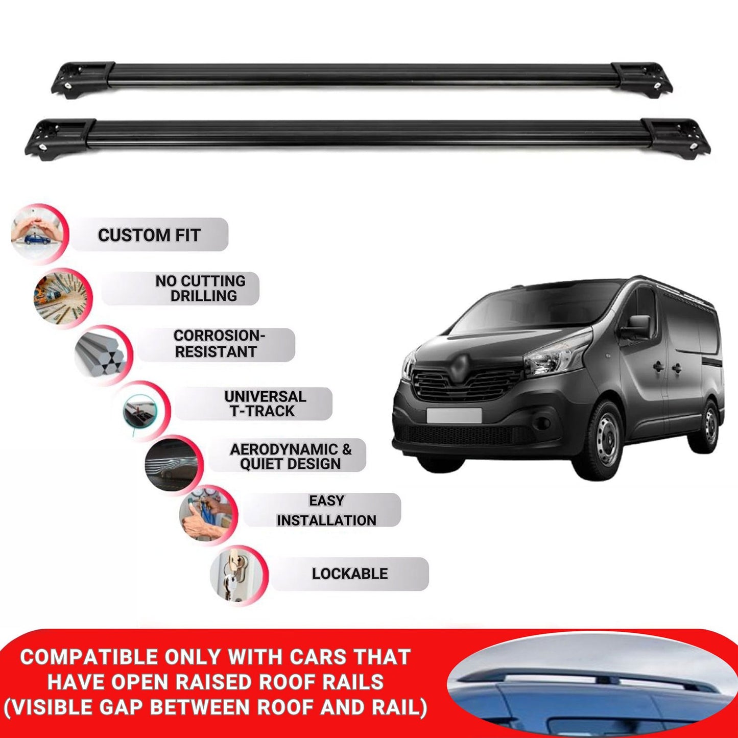 Roof Rack Cross Bars for Renault Trafic 2015-2025 Lockable Roof Bars 2 Pcs Black