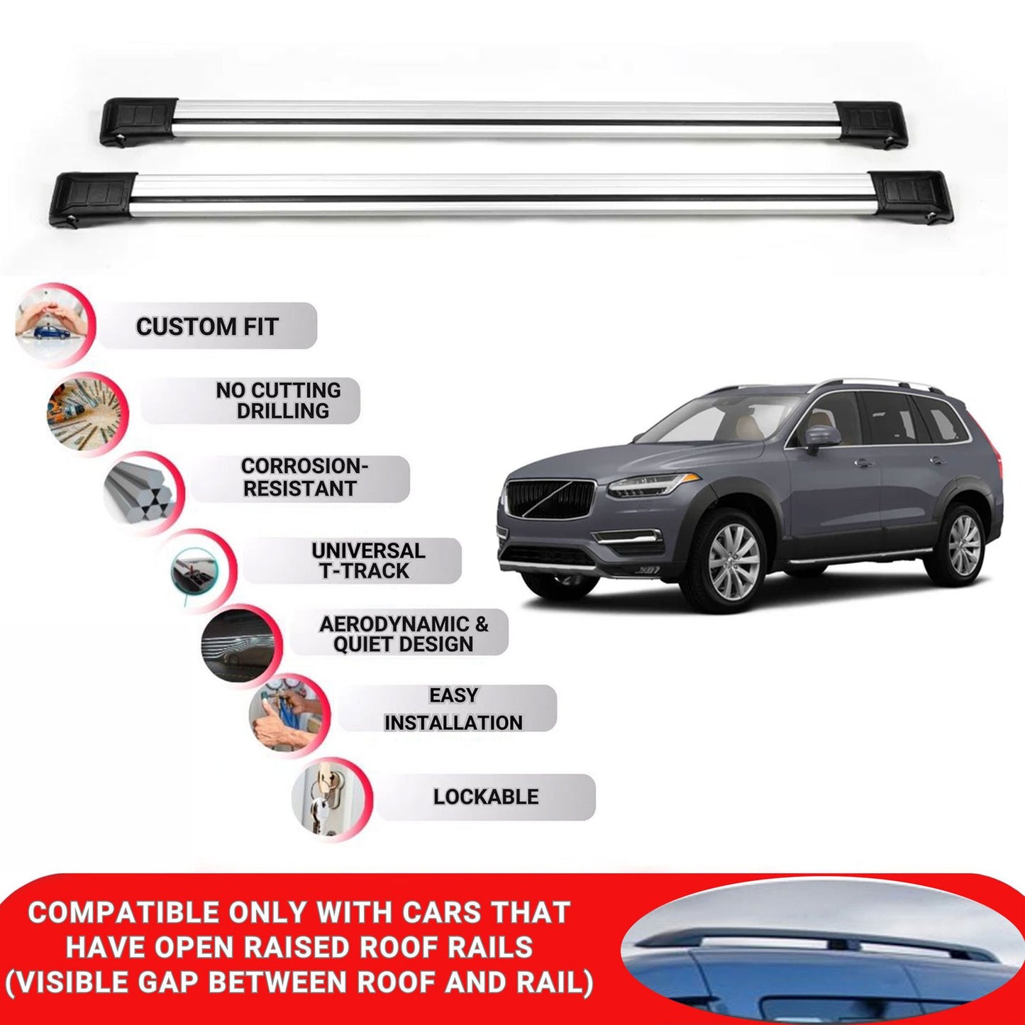 Roof Rack Cross Bars for Volvo XC90 2015-2021 Lockable Roof Bars 2 Pcs Grey